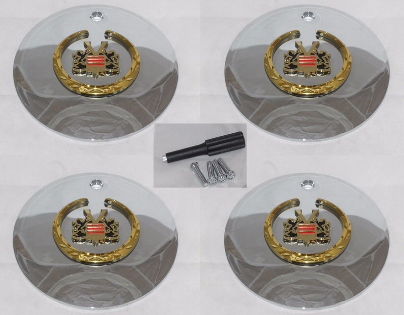 4 CAP DEAL VOGUE GOLD CHROME 99-02106 CADILLAC WHEEL RIM CENTER CAPS W/ LOCKS