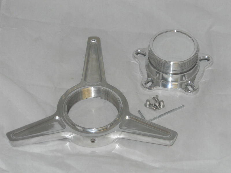 4 POLISHED ALUMINUM SPINNER TRIBAR KNOCKOFF WHEEL RIM CENTER CAP 5 DOG EAR BASE