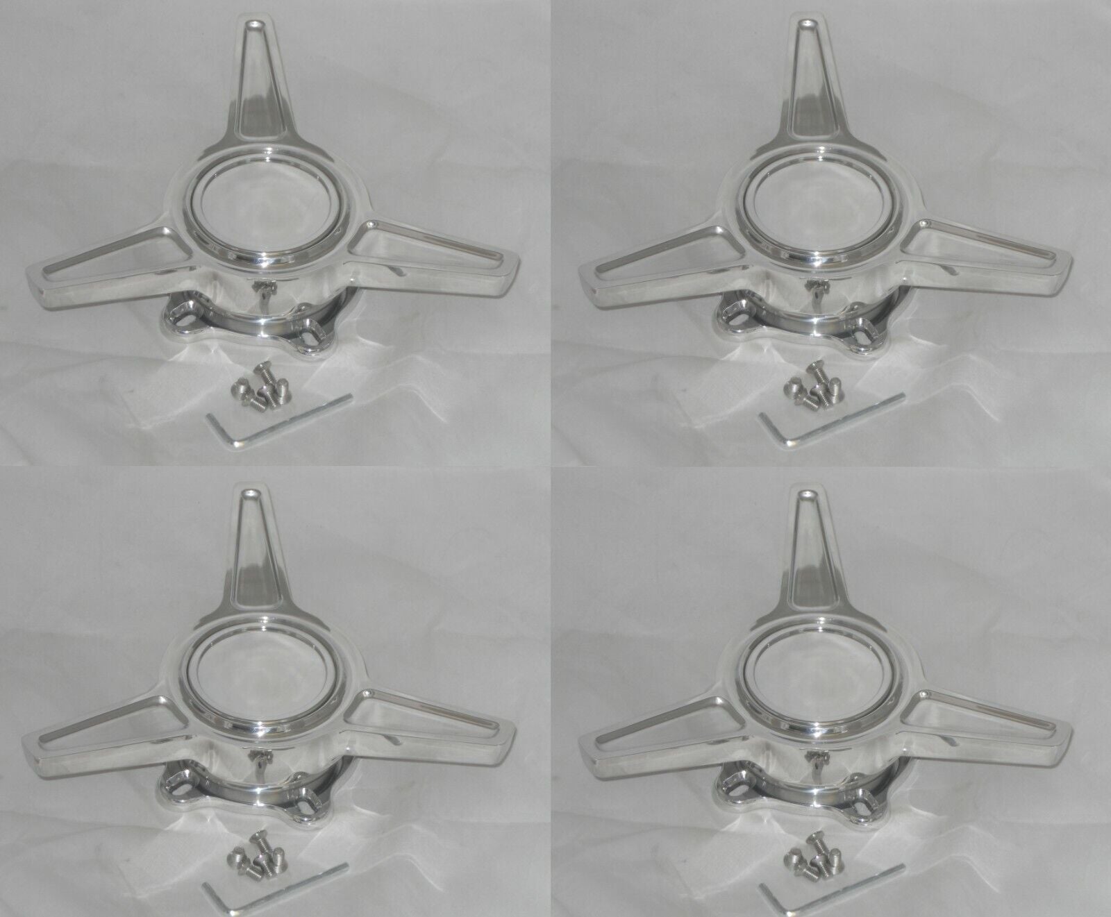 4 - POLISHED SPINNER TRIBAR 2-1/4 or 2-1/8 AMERICAN RACING WHEEL RIM CENTER  CAP